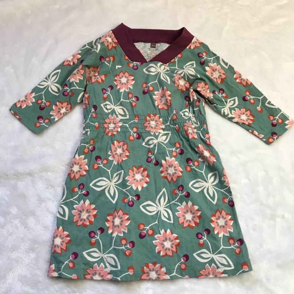 Tea Collection Floral Knit Dress Toddler Girls 2 Multicolor V-Neck 100% Cotton - Picture 4 of 12
